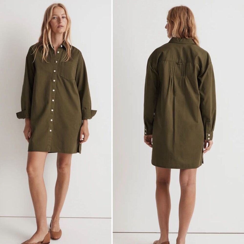 MADEWELL Loden Green Mini Shirt Dress With Pockets-S